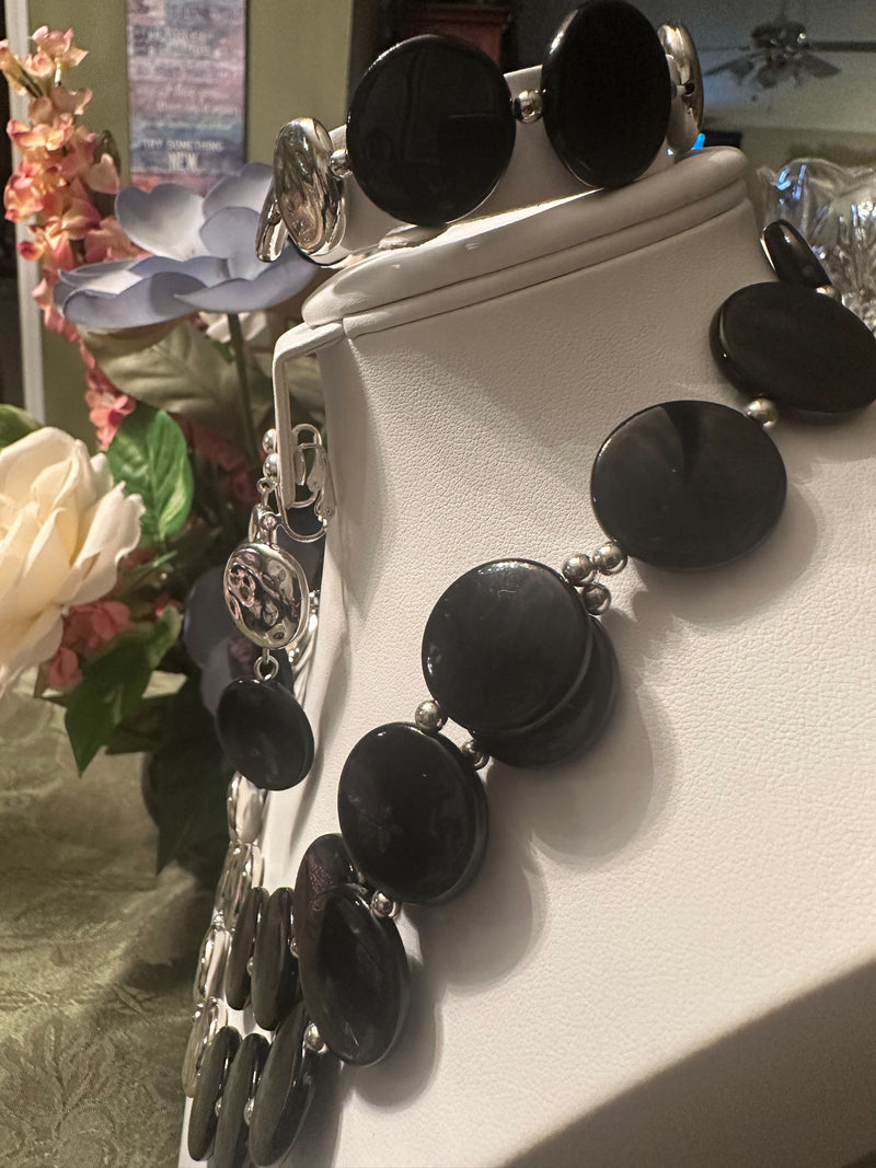 3PC Clip on silver, black flat bead multi strand necklace and earring set