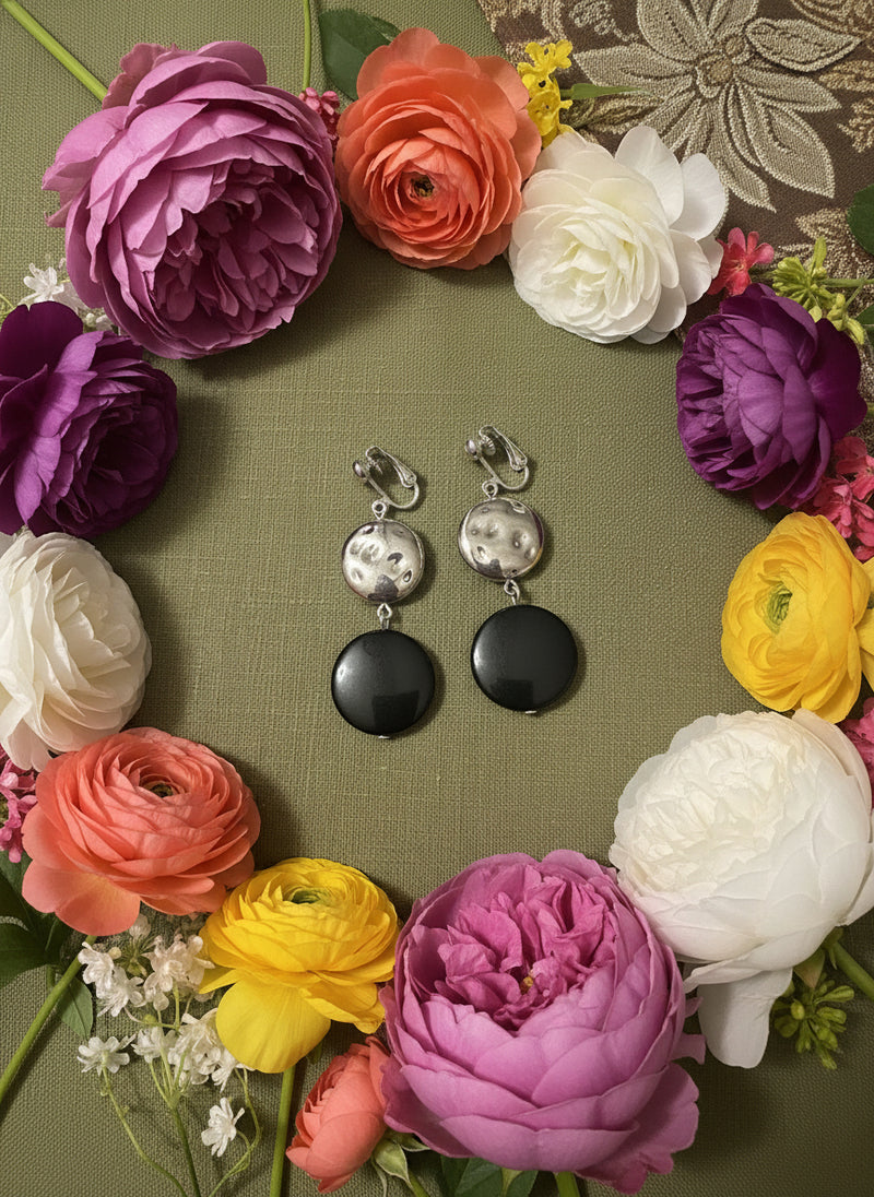 3PC Clip on silver, black flat bead multi strand necklace and earring set