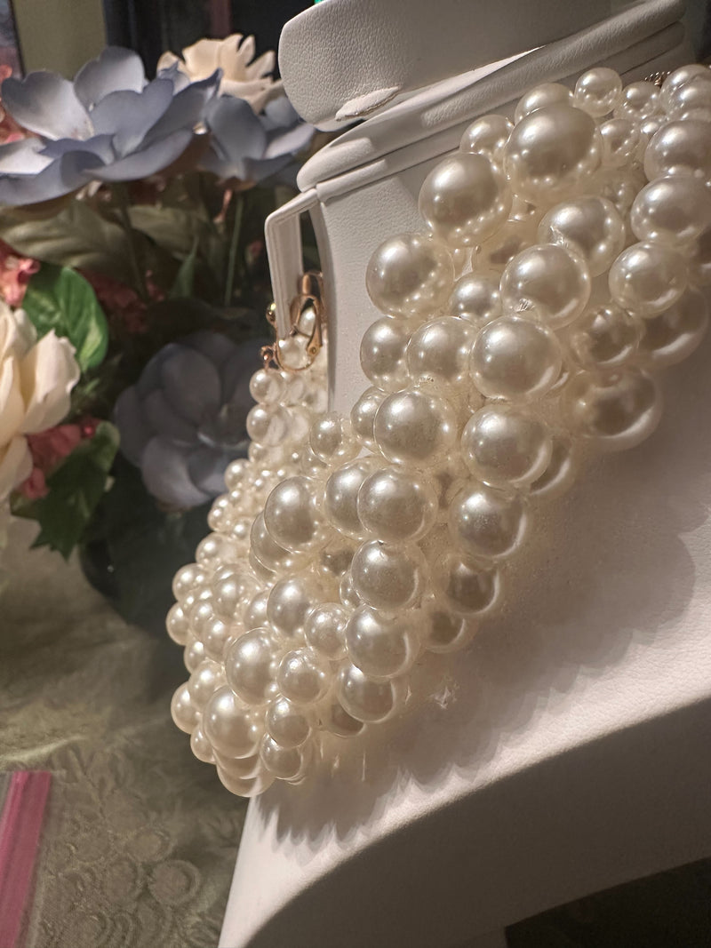 Clip on gold and cream braided pearl necklace and earring set