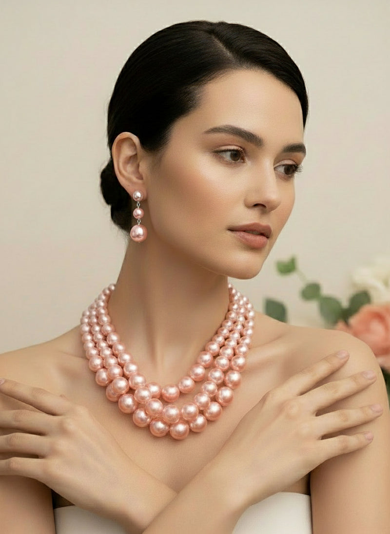 Clip on silver and light pink bead three strand necklace and earring set