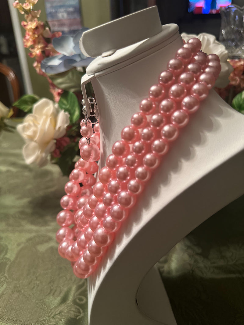 Clip on silver and light pink bead three strand necklace and earring set