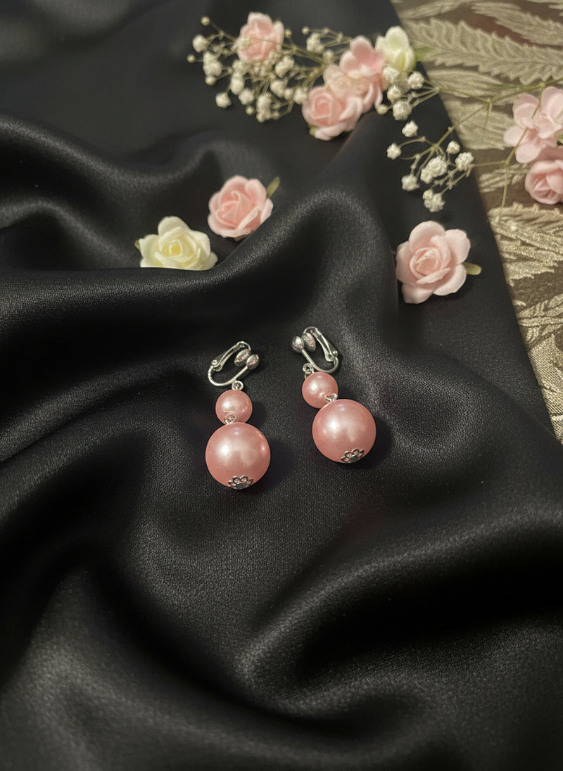 Clip on silver and light pink bead three strand necklace and earring set