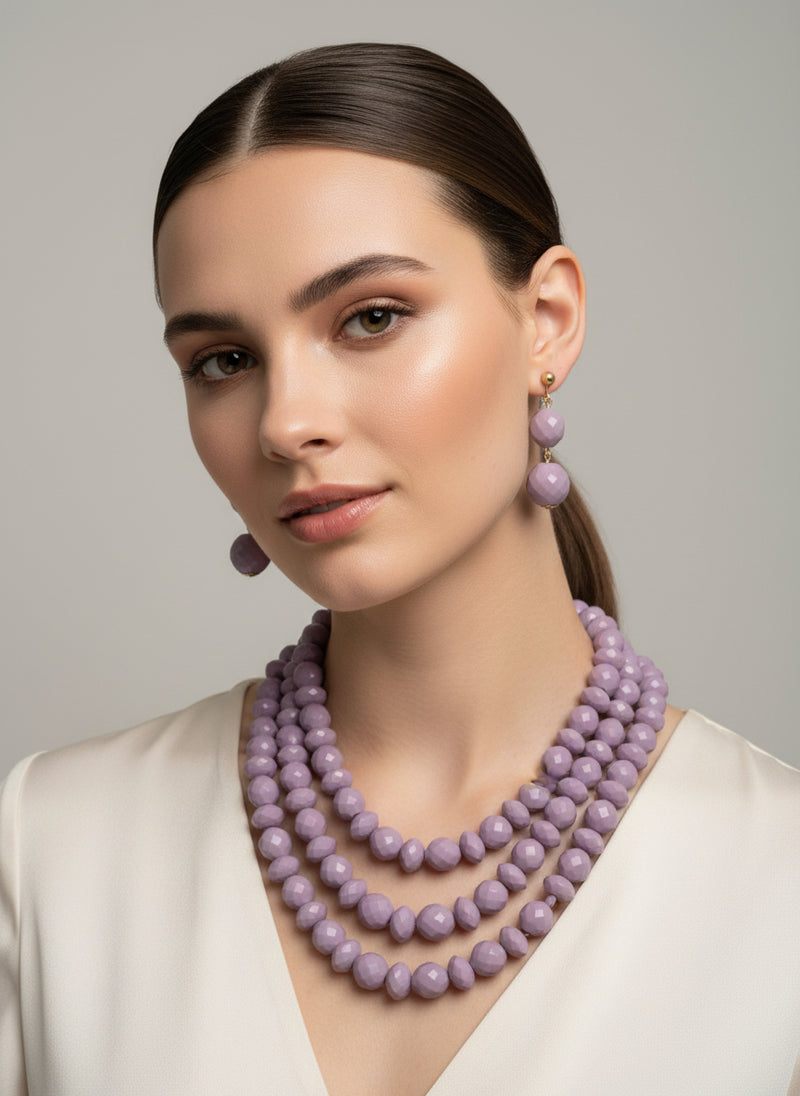 Clip on gold and square cut multi strand lavender-purple necklace set