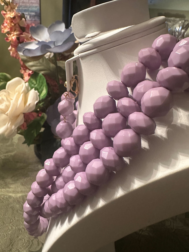 Clip on gold and square cut multi strand lavender-purple necklace set