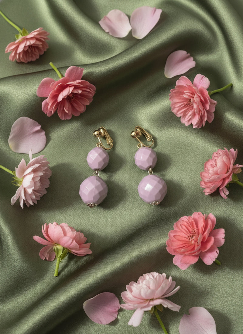 Clip on gold and square cut multi strand lavender-purple necklace set