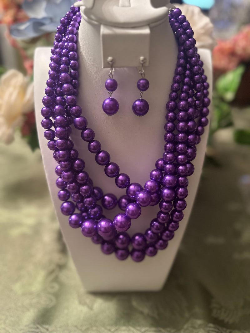 Clip on silver and purple multi strand bead necklace set