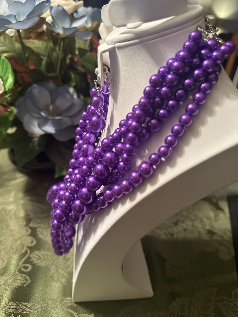 Clip on silver and purple multi strand bead necklace set