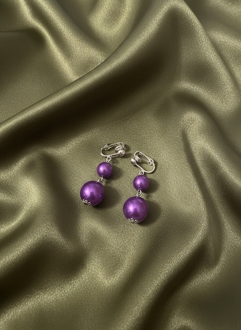 Clip on silver and purple multi strand bead necklace set