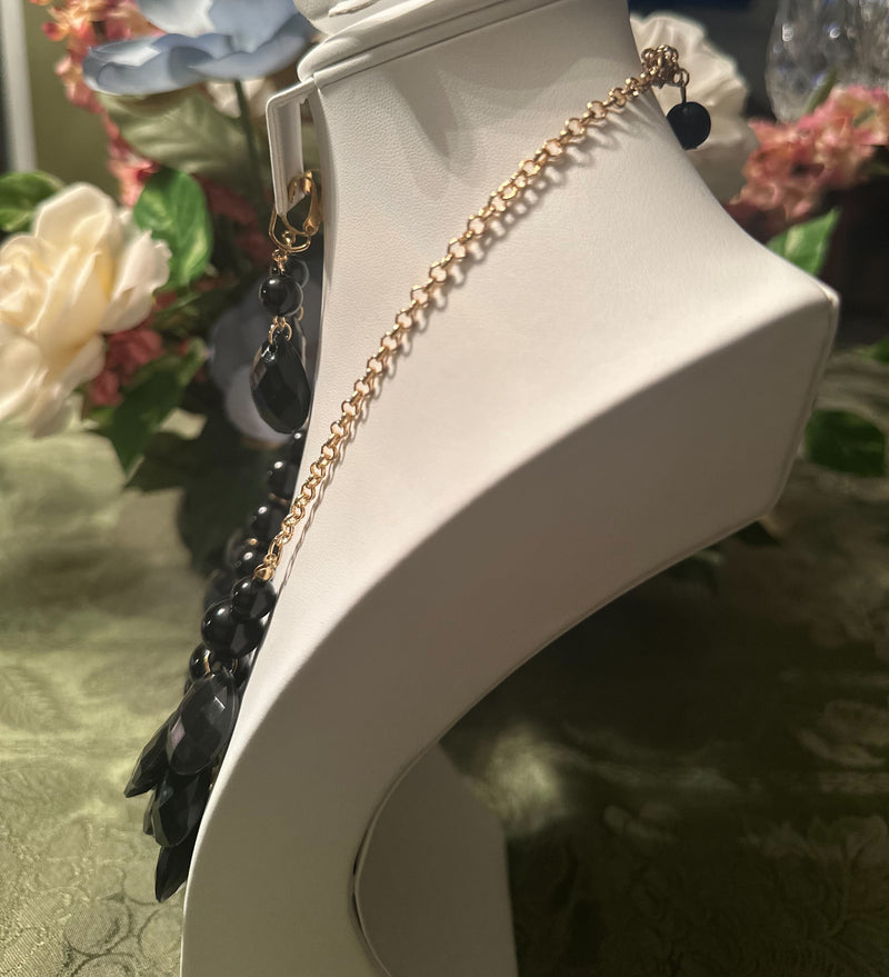 Clip on gold chain and black teardrop bead necklace and earring set