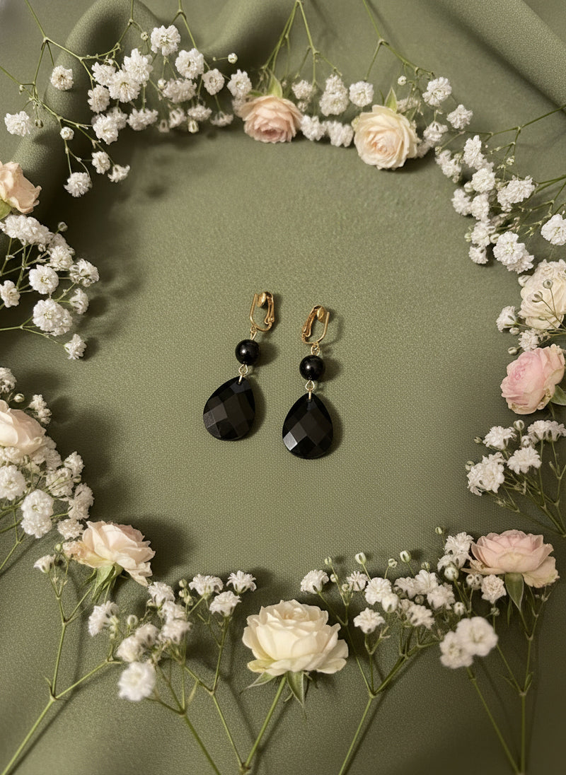 Clip on gold chain and black teardrop bead necklace and earring set