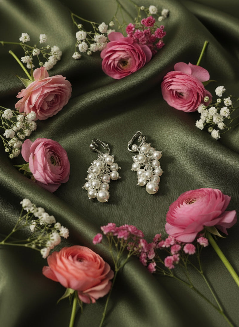 Clip on silver chain cluster white pearl necklace set