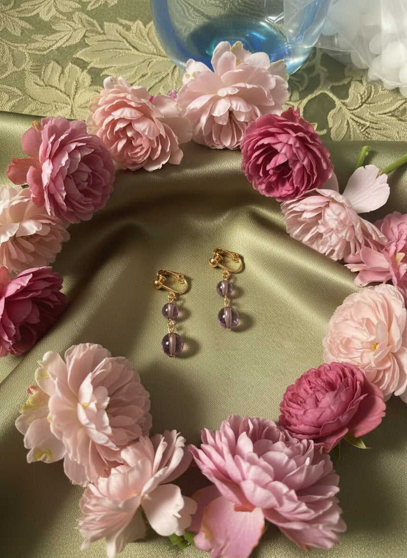 Clip on gold and clear large purple bead necklace and earring set