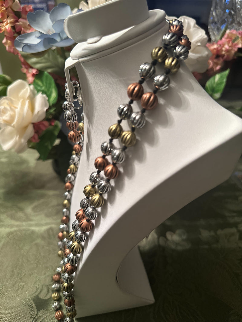 Clip on Xlong brass, copper, silver and gold indented bead necklace and earring set