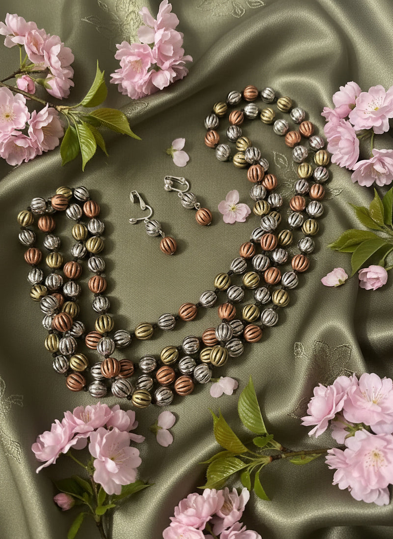 Clip on Xlong brass, copper, silver and gold indented bead necklace and earring set