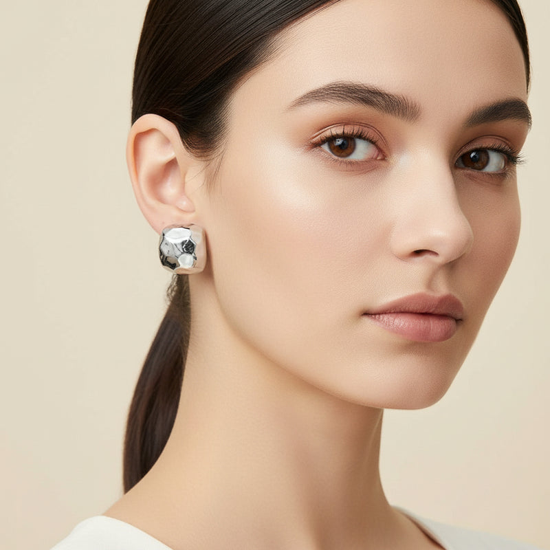 Clip on 2" silver wrinkled odd shaped dangle earrings