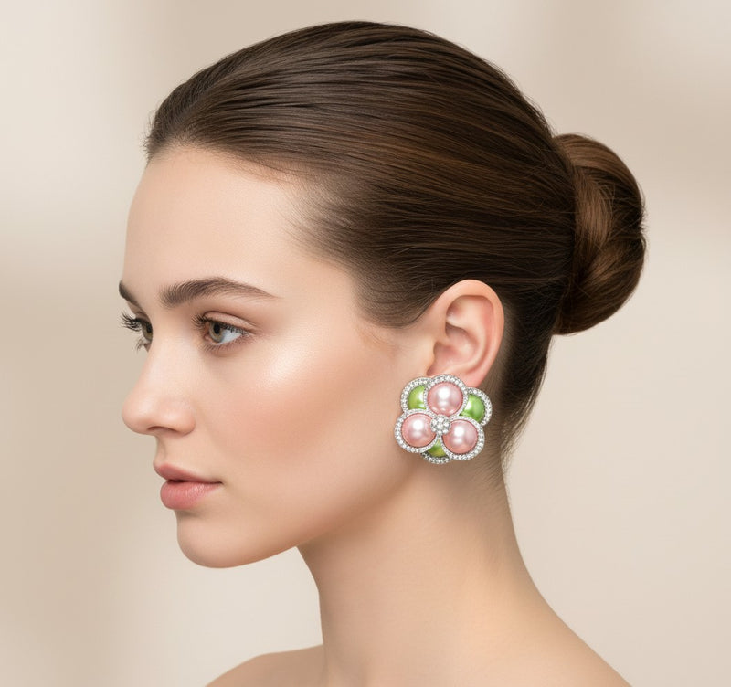 Clip on 1  1/2" large silver, pink and green flower button style earrings