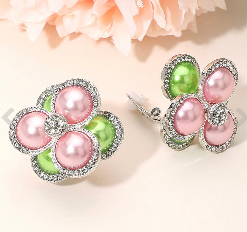 Clip on 1  1/2" large silver, pink and green flower button style earrings