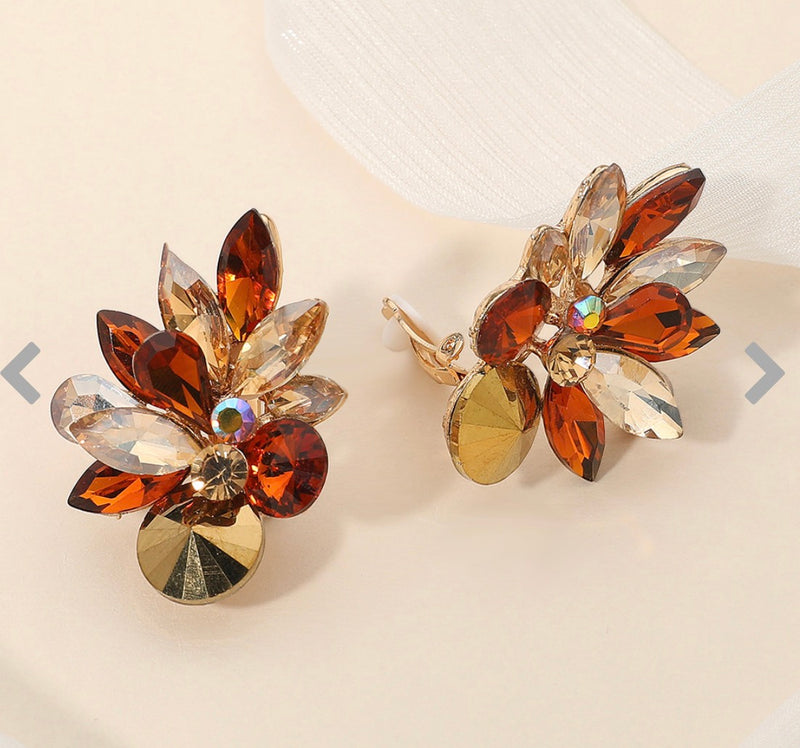 Clip on 1 3/4" gold and brown stone pointed flower earrings
