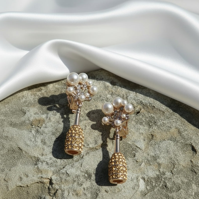 Clip on 1 3/4" gold and cream pearl dangle stone earrings