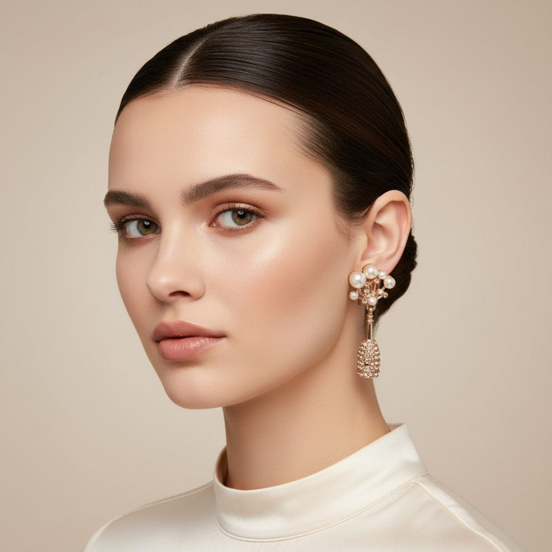 Clip on 1 3/4" gold and cream pearl dangle stone earrings