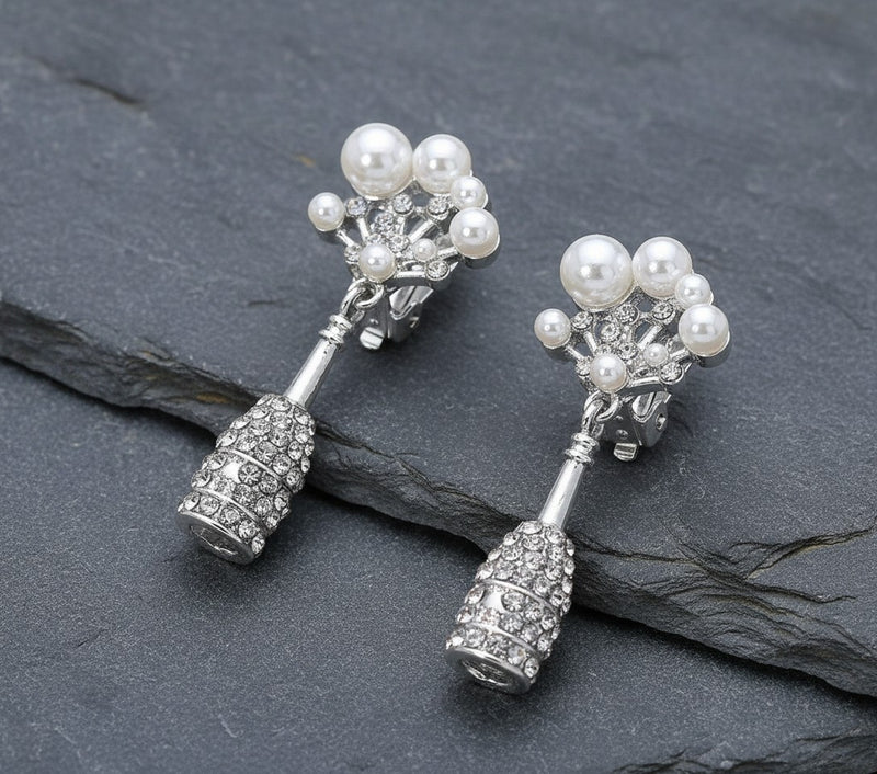 Clip on 1 3/4" silver and white pearl dangle stone earrings