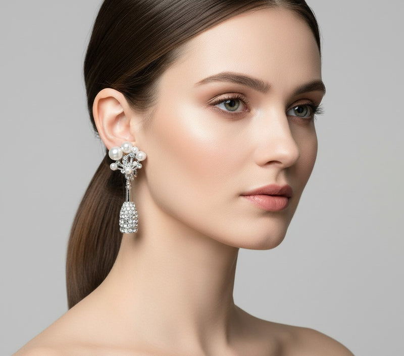 Clip on 1 3/4" silver and white pearl dangle stone earrings