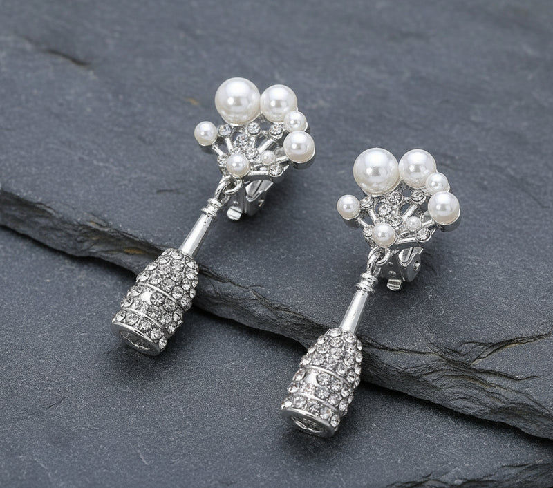 Clip on 1 3/4" silver and white pearl dangle stone earrings