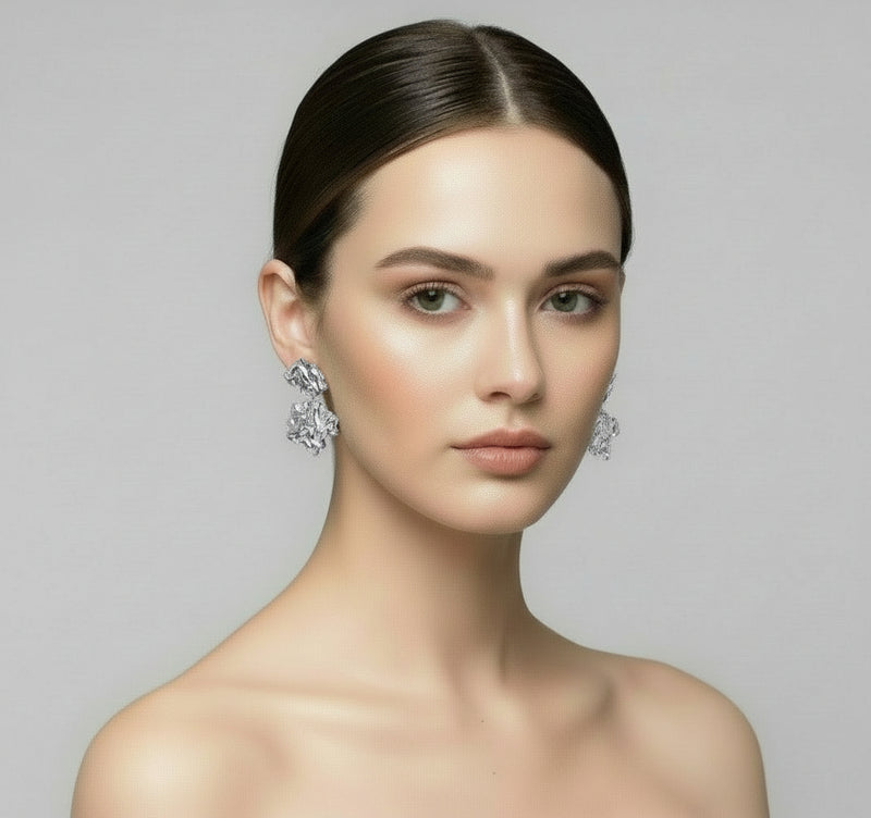 Clip on 2" silver wrinkled odd shaped dangle earrings