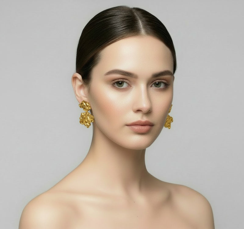 Clip on 2" gold wrinkled odd shaped dangle earrings