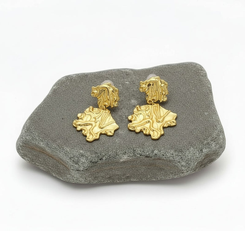 Clip on 2" gold wrinkled odd shaped dangle earrings