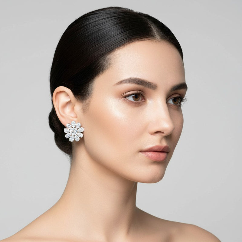 Clip on 3/4" silver and clear stone flower button style earrings