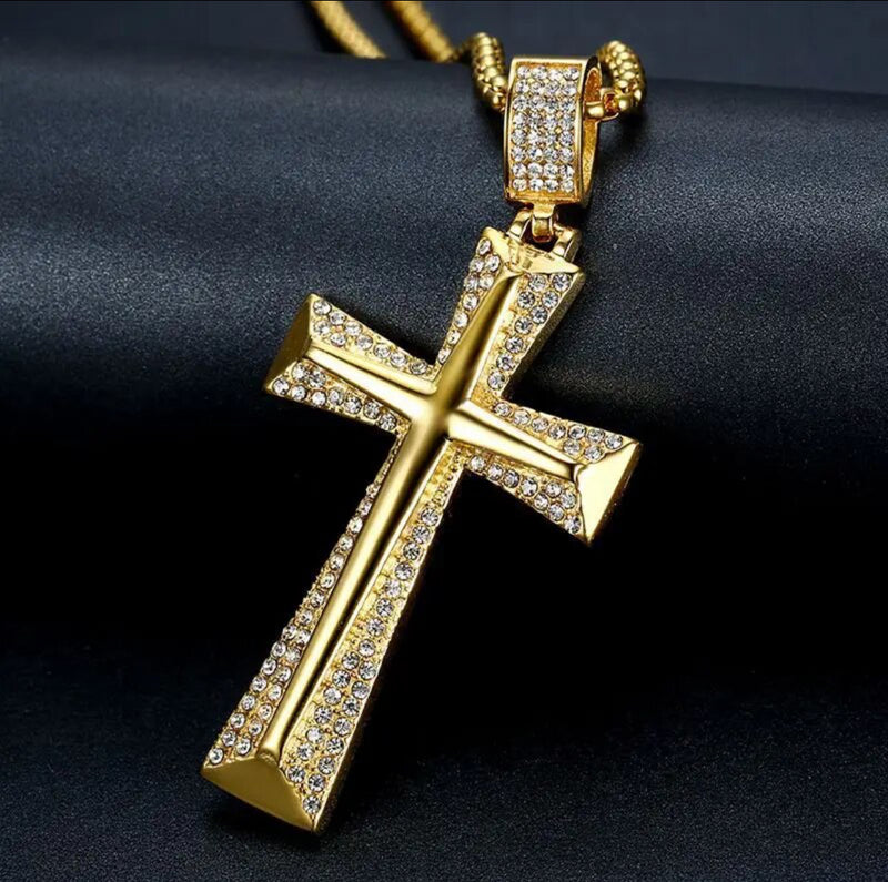Stainless Steel gold large Cross 24" necklace with clear stones