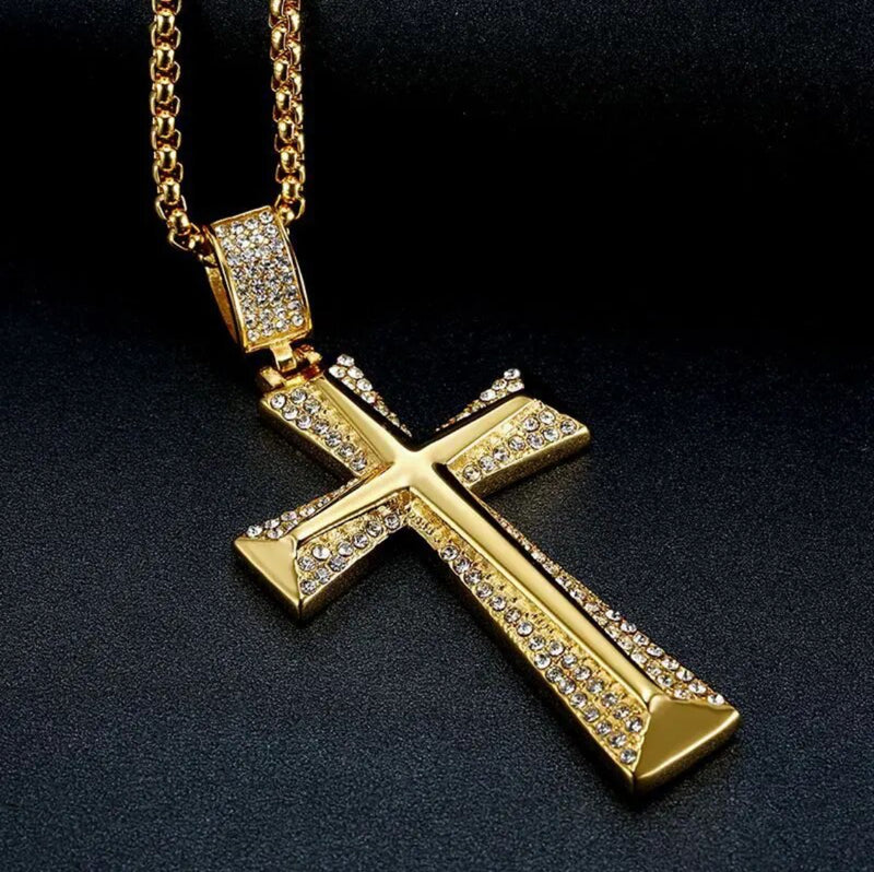 Stainless Steel gold large Cross 24" necklace with clear stones