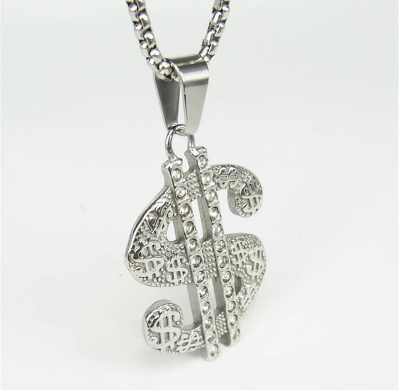 Stainless Steel Silver Dollar Sign 27" chain necklace with clear stones