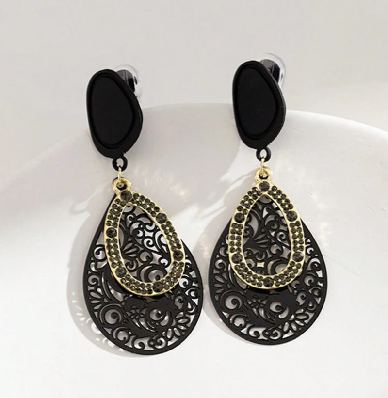 Comfort fit clip on 3" black & gold cutout flower design teardrop earrings