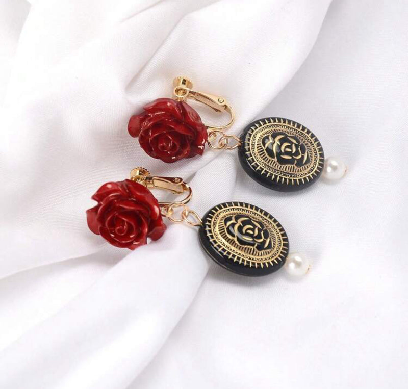 Clip on 2 1/4" vintage gold and black red rose earrings w/dangle pearl
