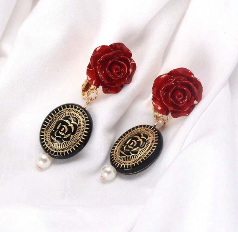 Clip on 2 1/4" vintage gold and black red rose earrings w/dangle pearl