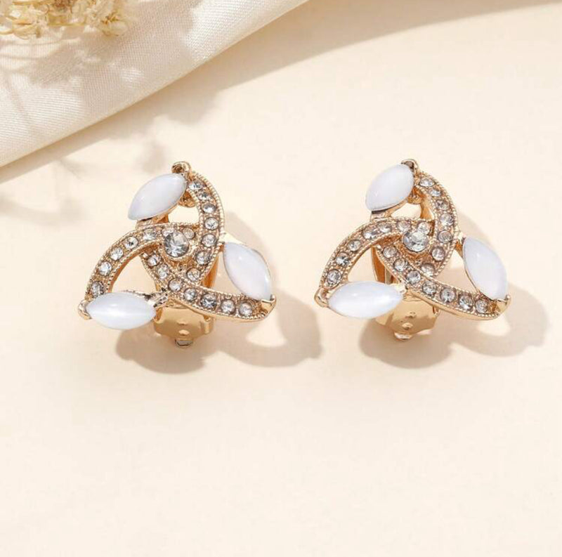 Clip on 3/4" gold, white and clear stone woven button style earrings