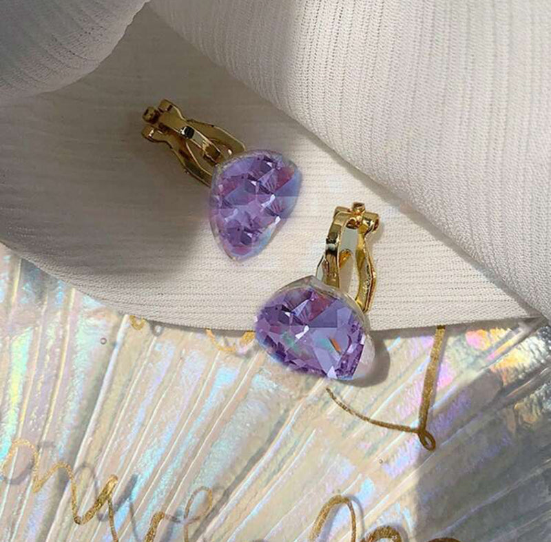 Clip on 1/2" small gold and purple stone heart button style earrings