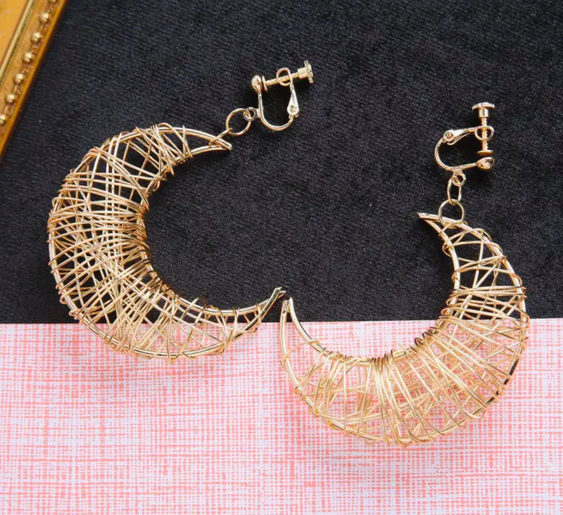 Clip on 3" large gold wire half hoop dangle earrings