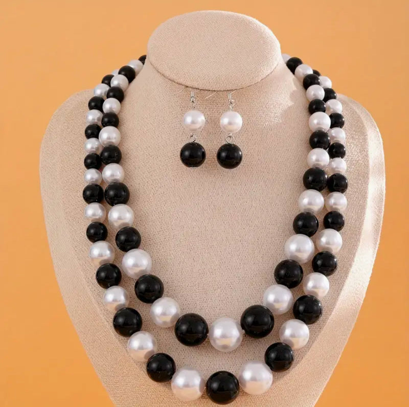 Classy pierced silver, black and white bead multi strand necklace set