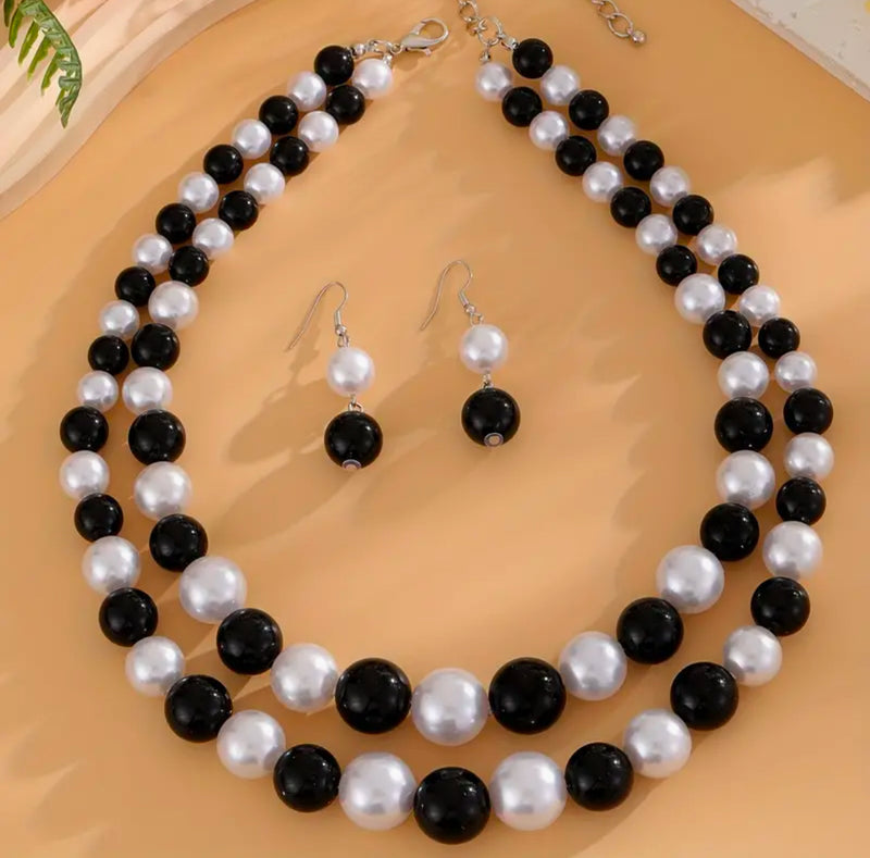 Classy pierced silver, black and white bead multi strand necklace set