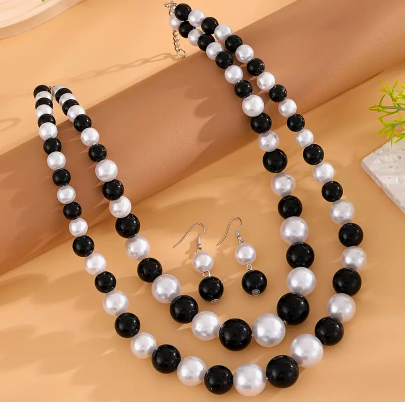 Classy pierced silver, black and white bead multi strand necklace set