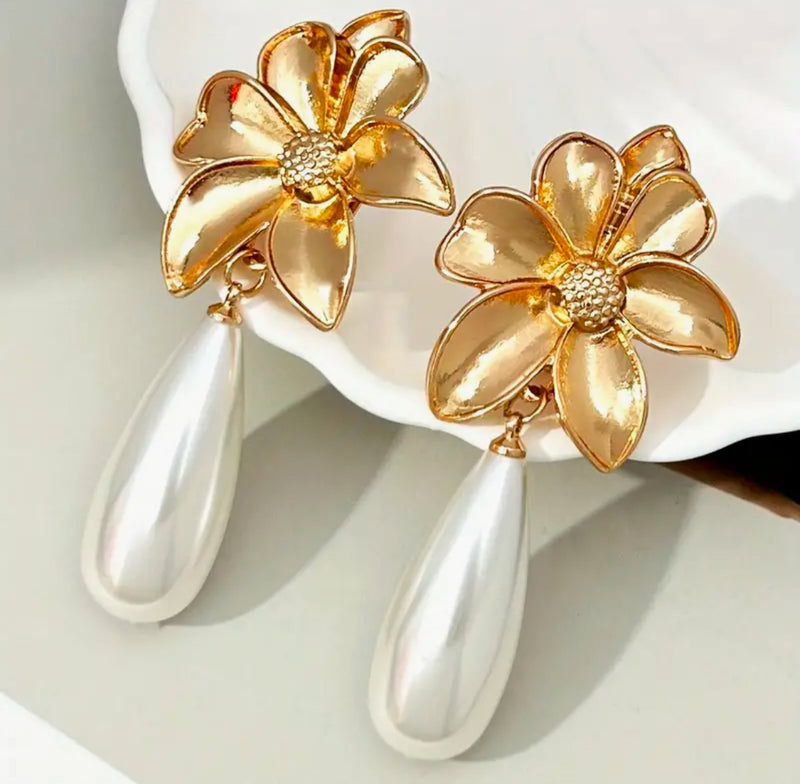 Vintage clip on 2 3/4" shiny gold flower earrings with pearl teardrop