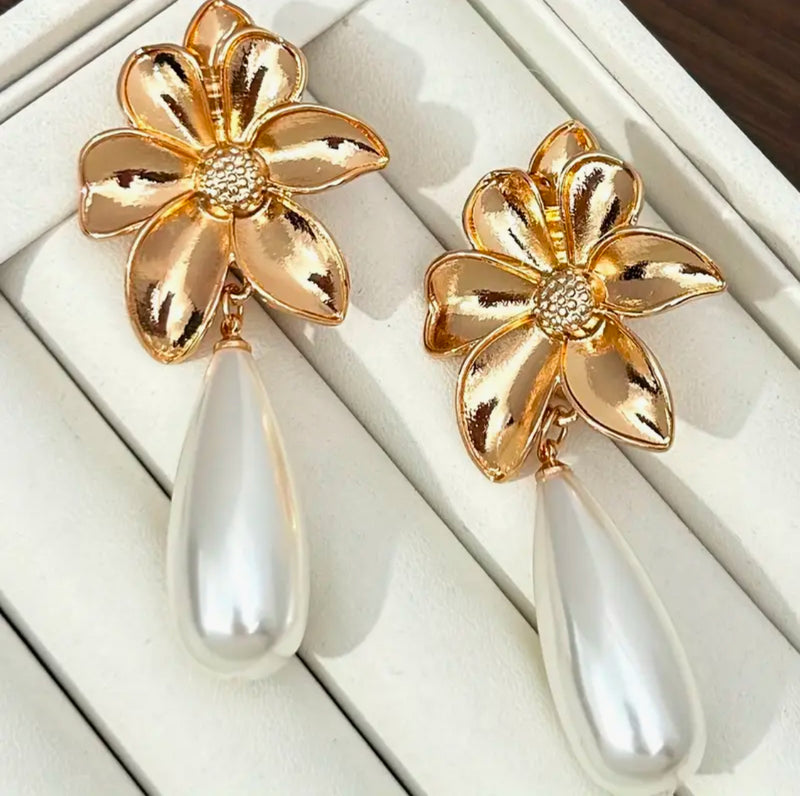 Vintage clip on 2 3/4" shiny gold flower earrings with pearl teardrop