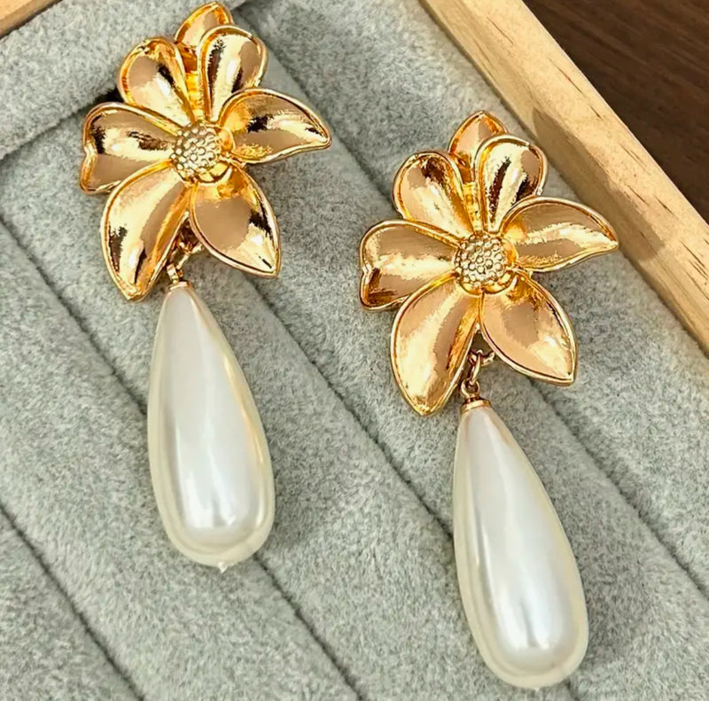 Vintage clip on 2 3/4" shiny gold flower earrings with pearl teardrop