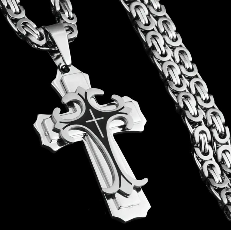 Stainless steel silver and black vintage flat chain cross pendant necklace