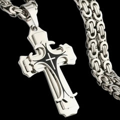 Stainless steel silver and black vintage flat chain cross pendant necklace