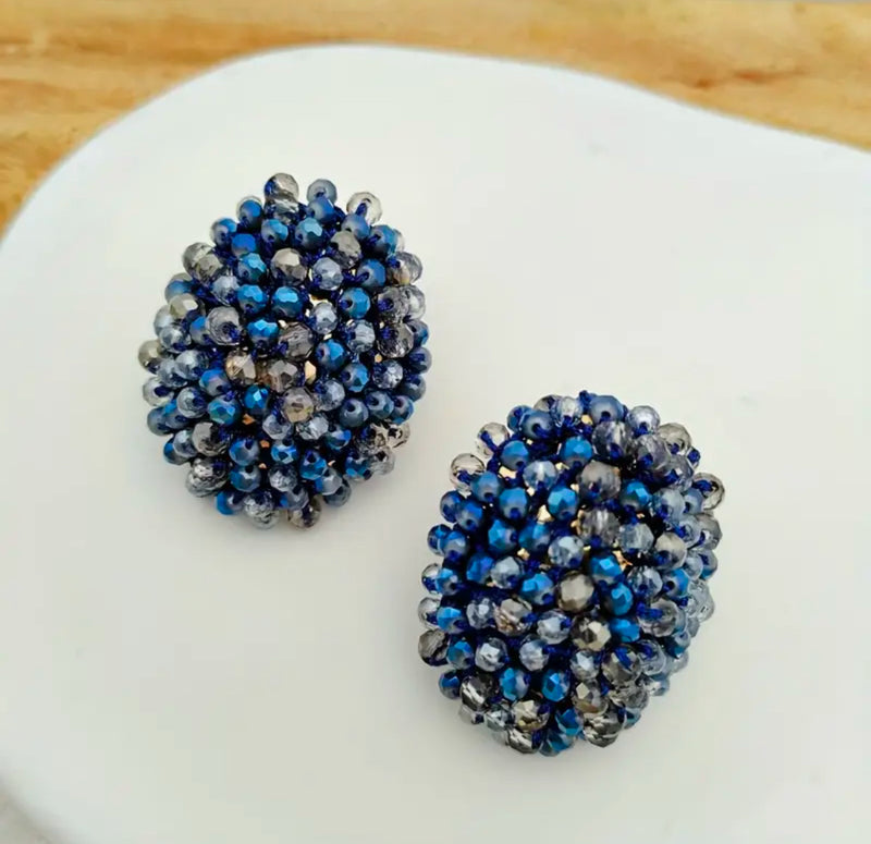 Clip on 1 1/2" gold and blue seed bead button style earrings