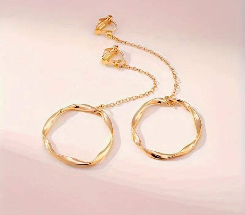 Clip on 3 3/4" Xlong gold chain twisted hoop dangle earrings